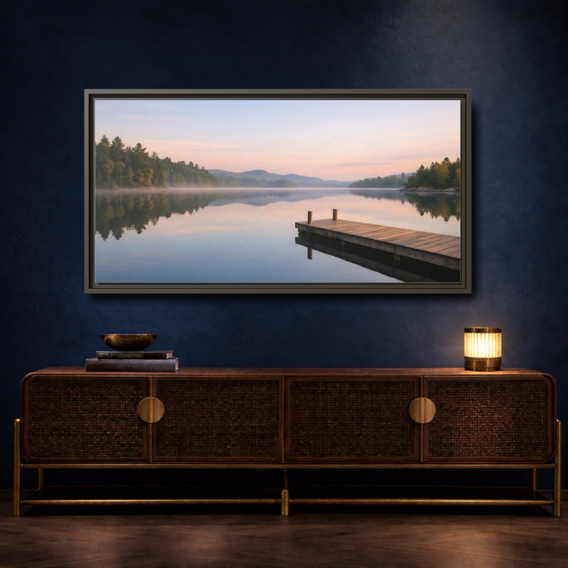 Landscape Nature Lake Dock Pastel - Framed Canvas Wall Art Print - YesArtYes