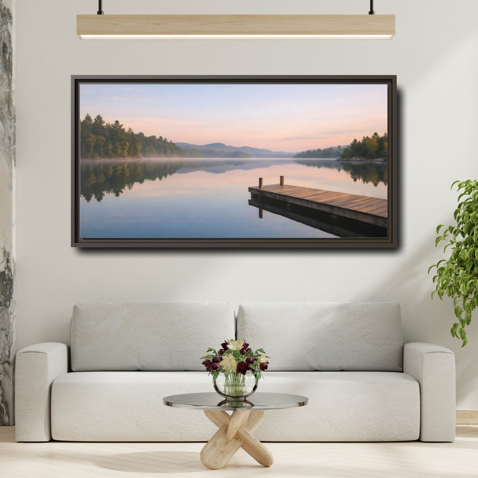 Landscape Nature Lake Dock Pastel - Framed Canvas Wall Art Print - YesArtYes