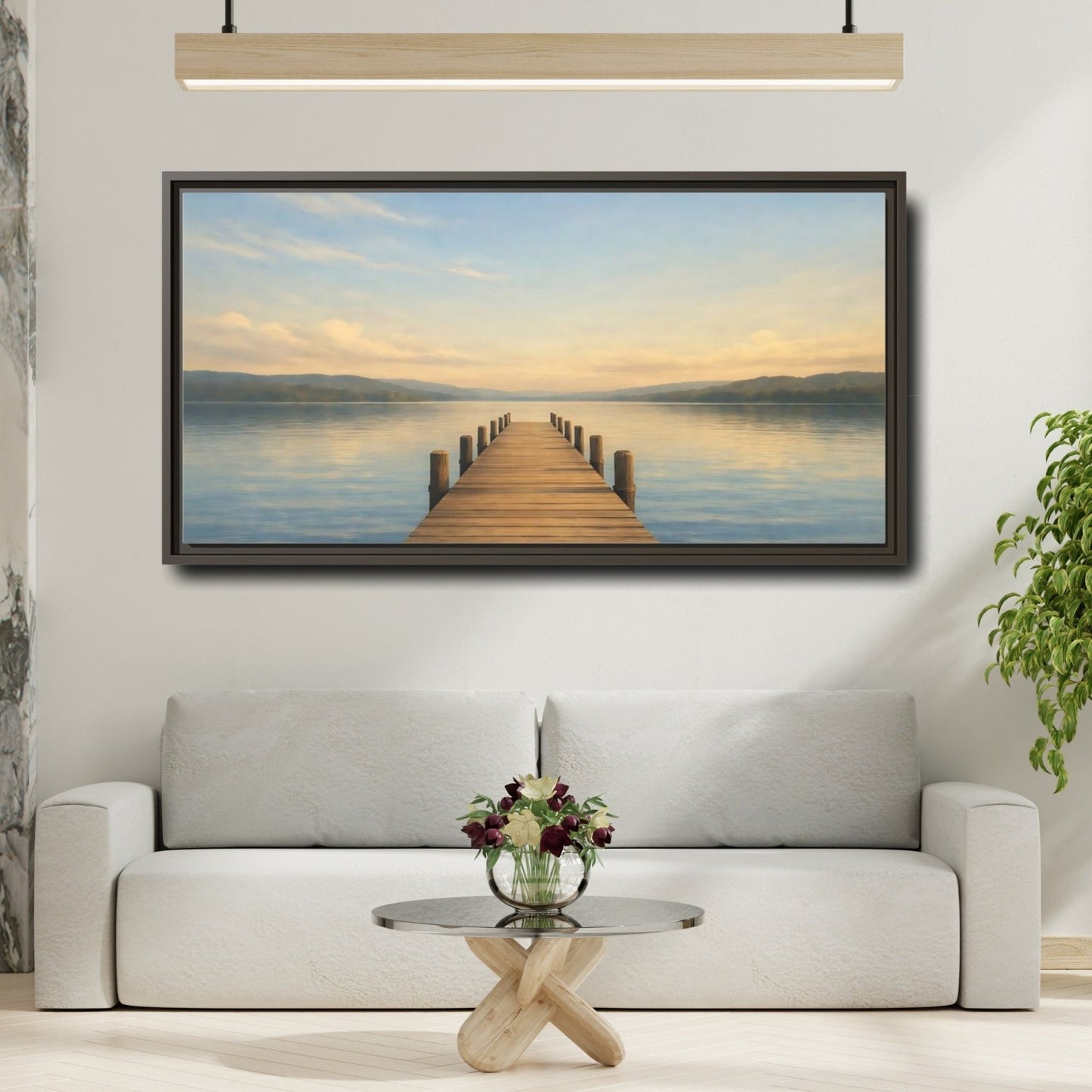 Landscape Nature Lake Pier View - Framed Canvas Wall Art Print - YesArtYes