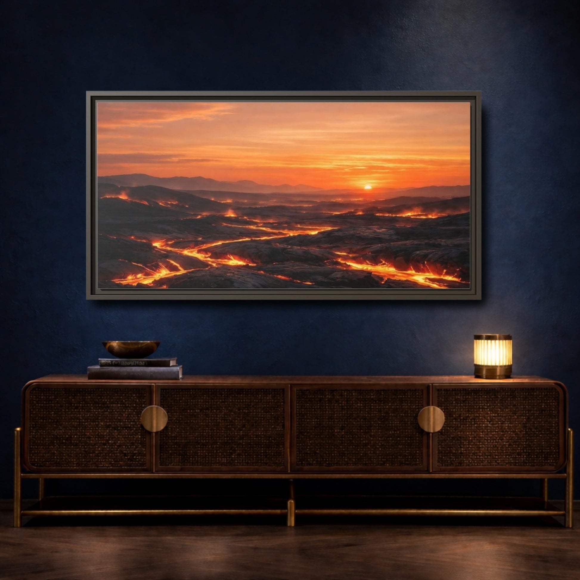 Landscape Nature Lava Flow Orange And - Framed Canvas Wall Art Print - YesArtYes