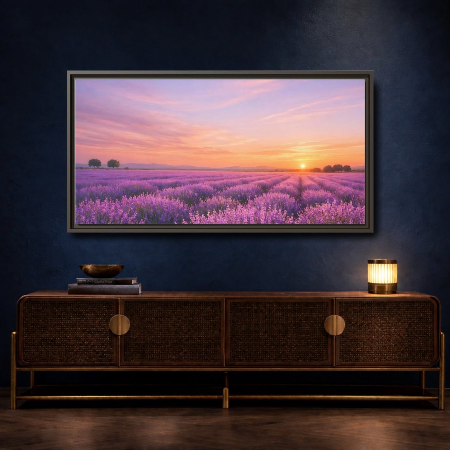 Landscape Nature Lavender Field Purple Sunset - Framed Canvas Wall Art Print - YesArtYes