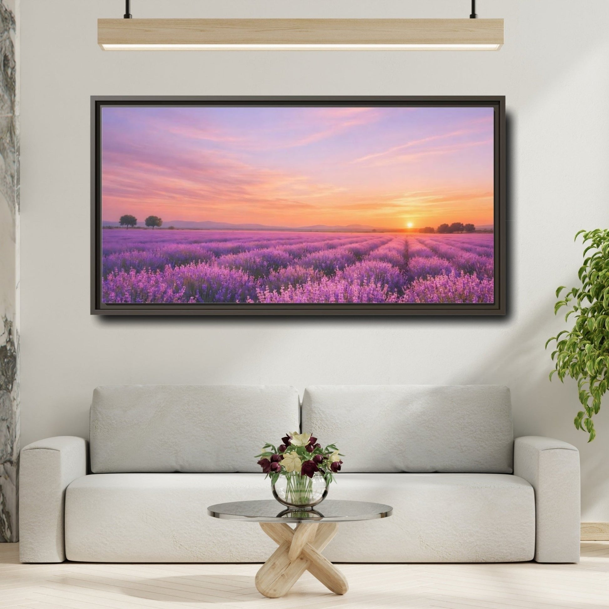 Landscape Nature Lavender Field Purple Sunset - Framed Canvas Wall Art Print - YesArtYes