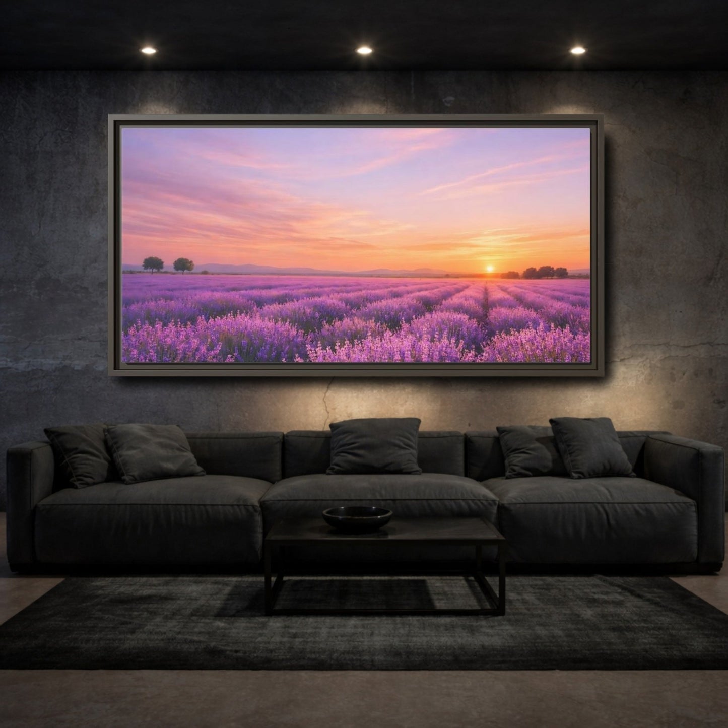 Landscape Nature Lavender Field Purple Sunset - Framed Canvas Wall Art Print - YesArtYes
