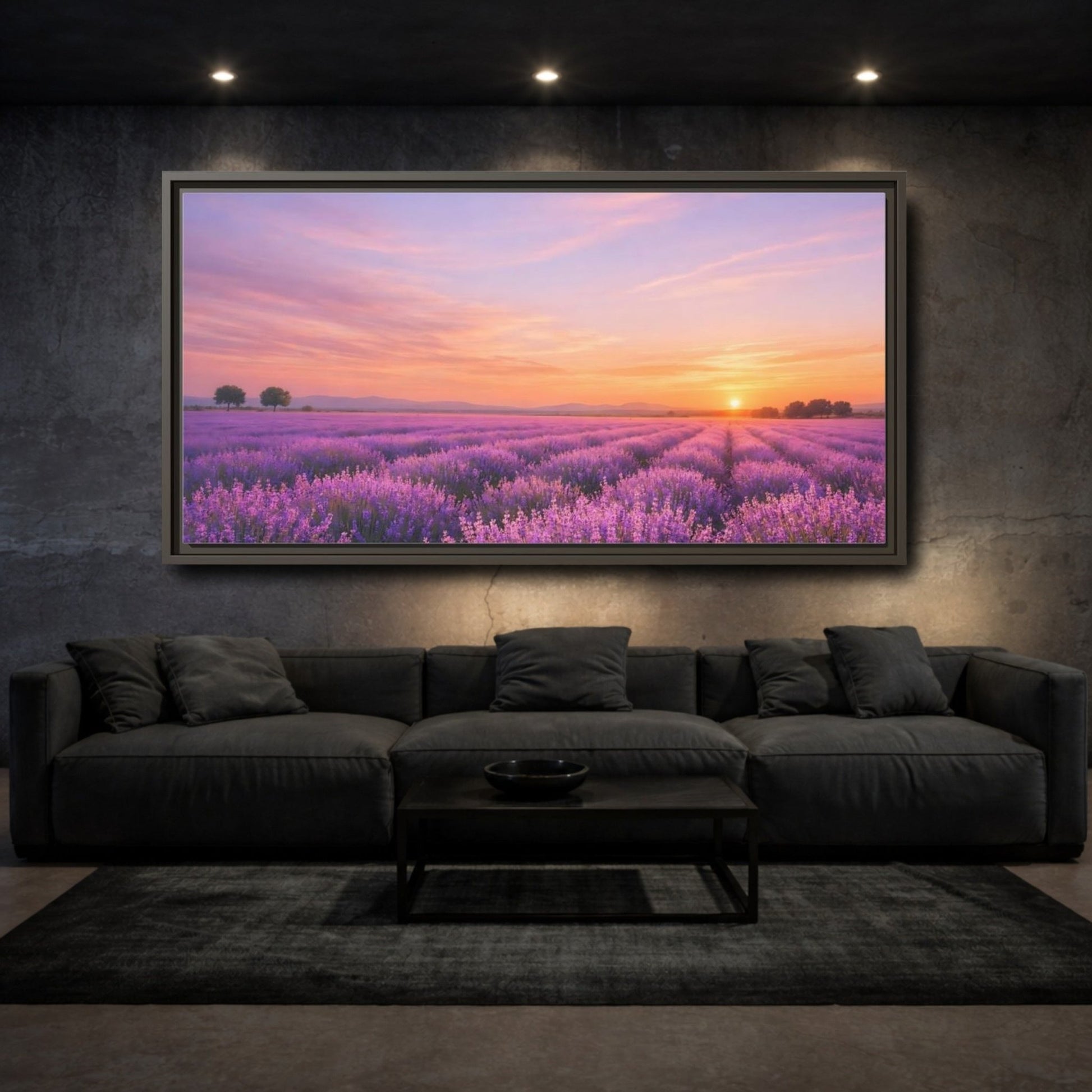 Landscape Nature Lavender Field Purple Sunset - Framed Canvas Wall Art Print - YesArtYes