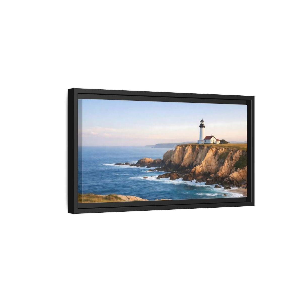 Landscape Nature Lighthouse Blue And Gold - Framed Canvas Wall Art Print - YesArtYes