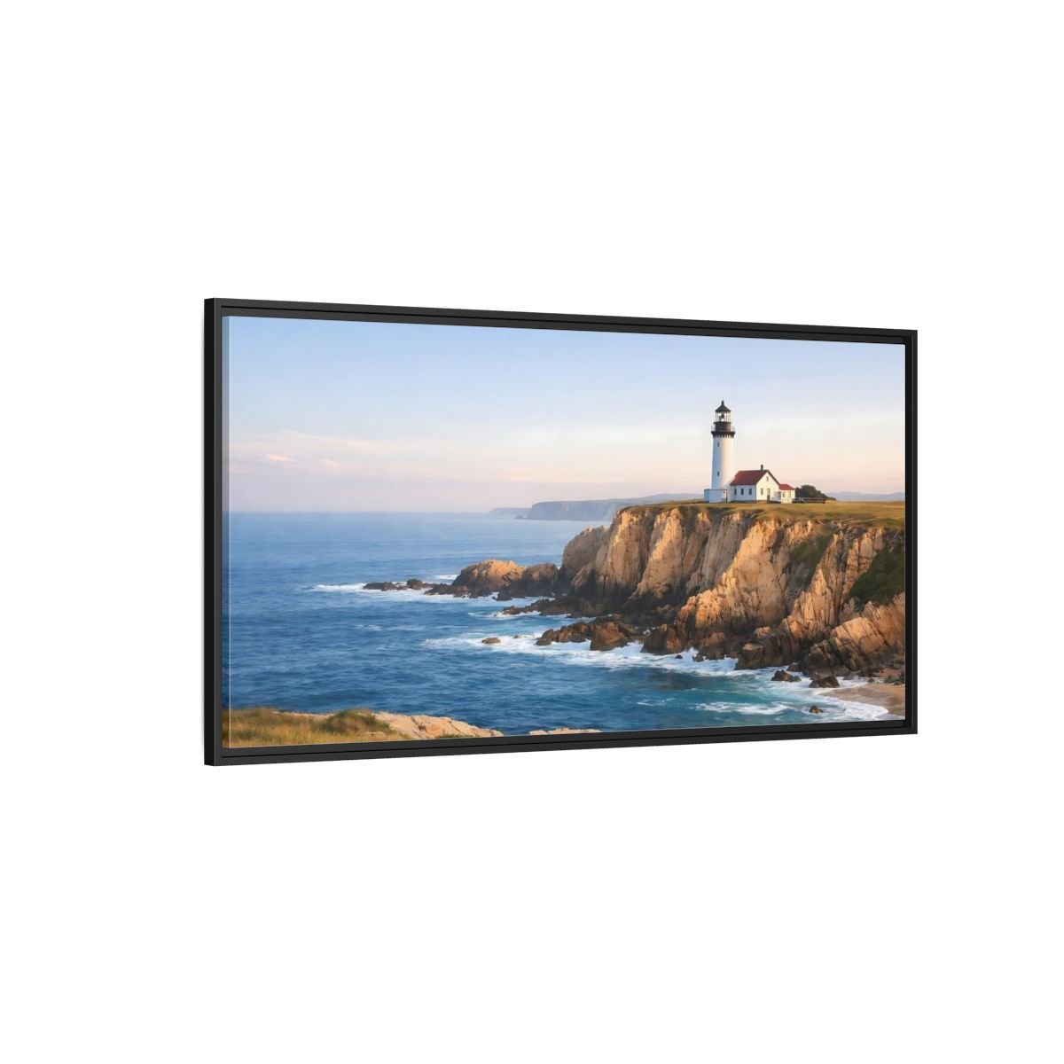 Landscape Nature Lighthouse Blue And Gold - Framed Canvas Wall Art Print - YesArtYes