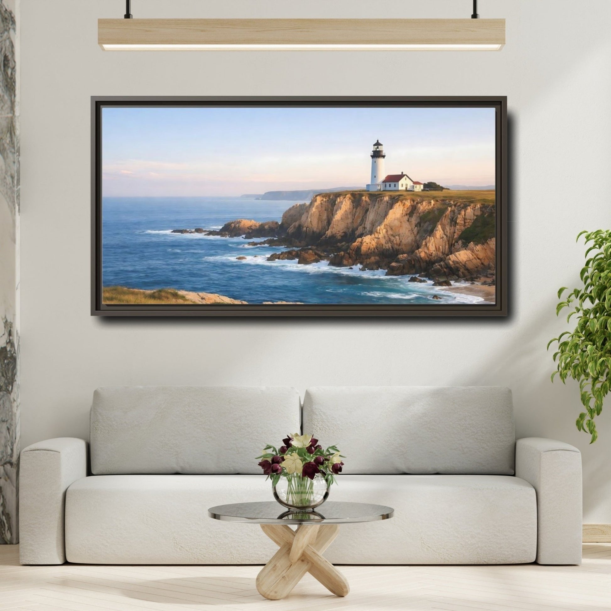 Landscape Nature Lighthouse Blue And Gold - Framed Canvas Wall Art Print - YesArtYes