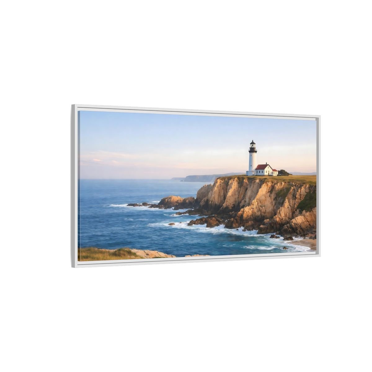 Landscape Nature Lighthouse Blue And Gold - Framed Canvas Wall Art Print - YesArtYes