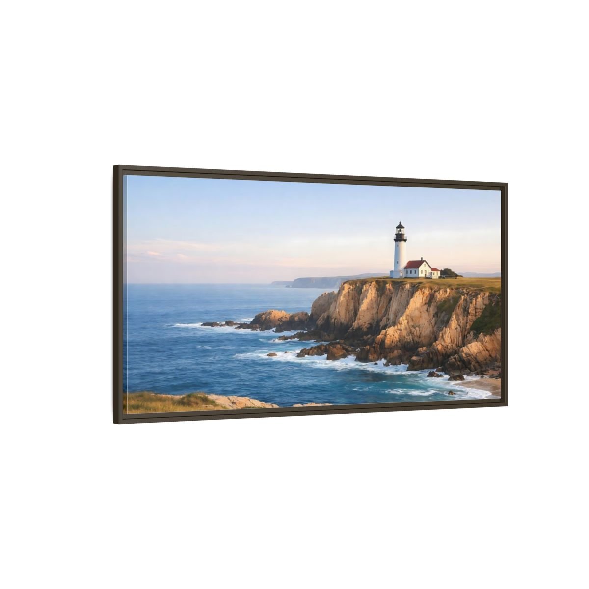 Landscape Nature Lighthouse Blue And Gold - Framed Canvas Wall Art Print - YesArtYes