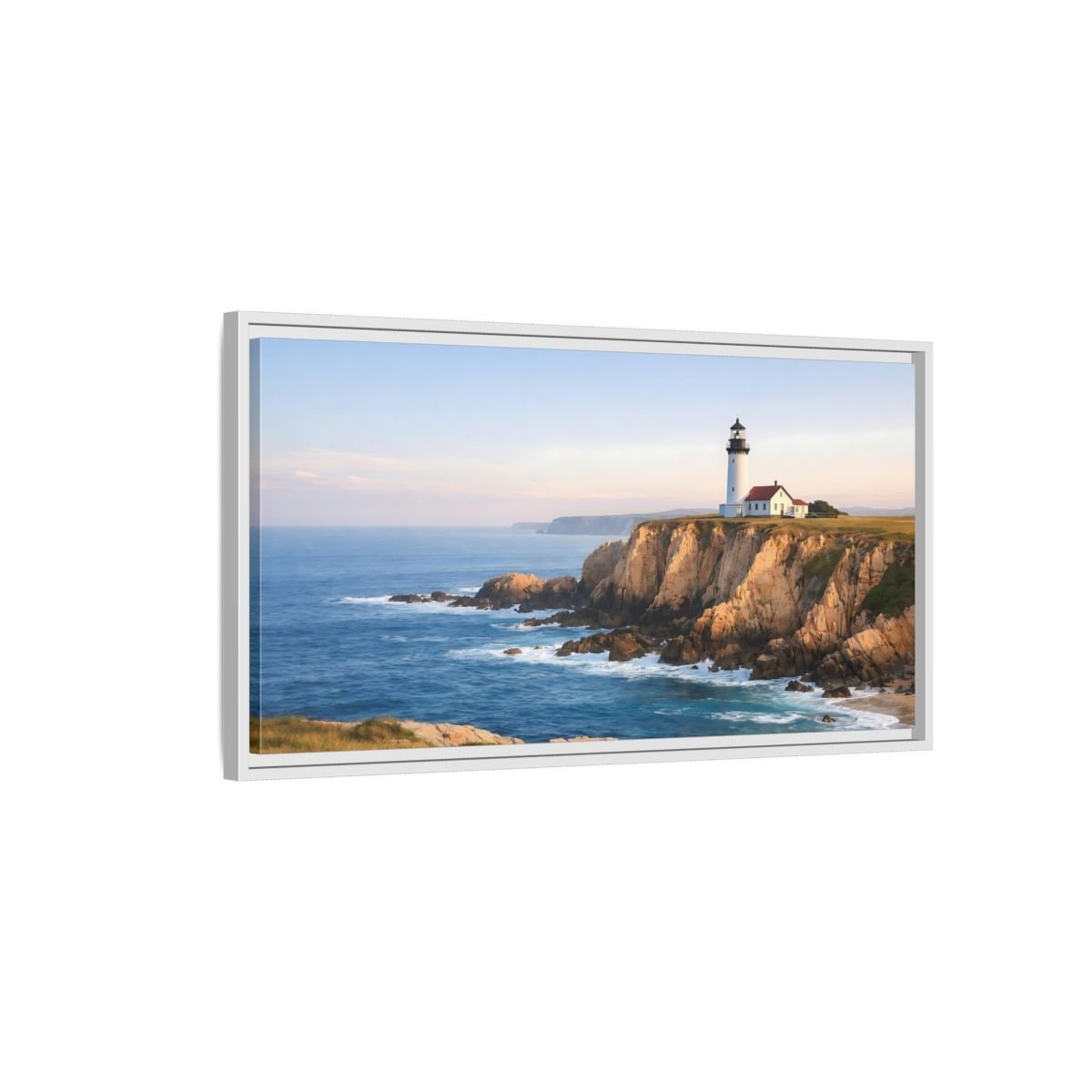 Landscape Nature Lighthouse Blue And Gold - Framed Canvas Wall Art Print - YesArtYes