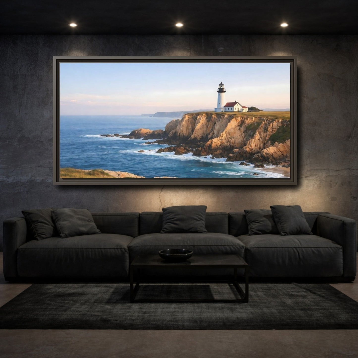 Landscape Nature Lighthouse Blue And Gold - Framed Canvas Wall Art Print - YesArtYes