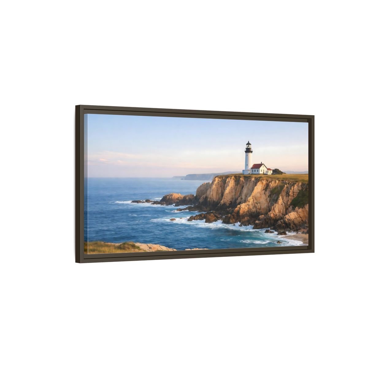 Landscape Nature Lighthouse Blue And Gold - Framed Canvas Wall Art Print - YesArtYes