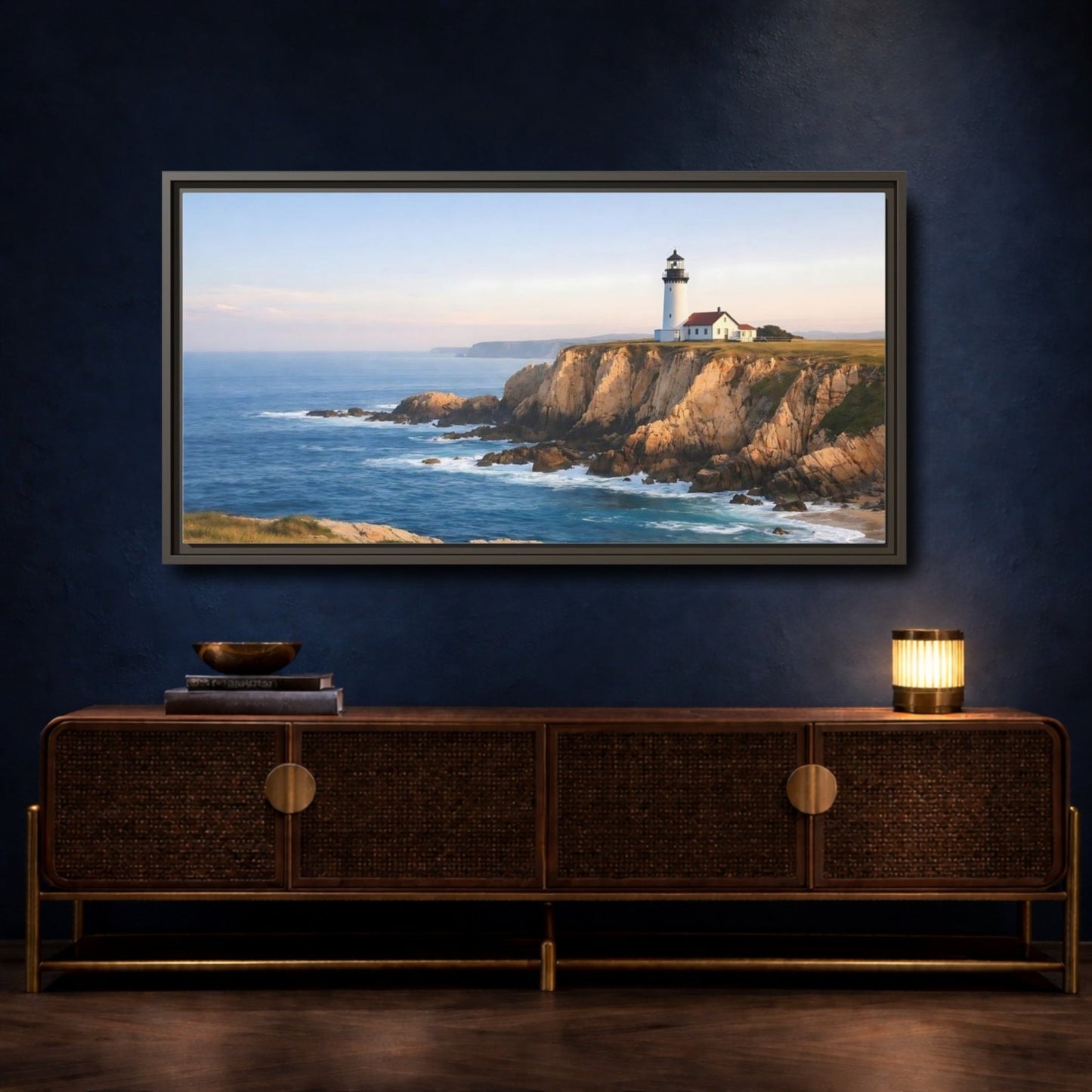 Landscape Nature Lighthouse Blue And Gold - Framed Canvas Wall Art Print - YesArtYes