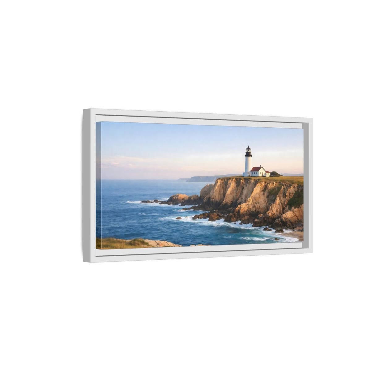 Landscape Nature Lighthouse Blue And Gold - Framed Canvas Wall Art Print - YesArtYes