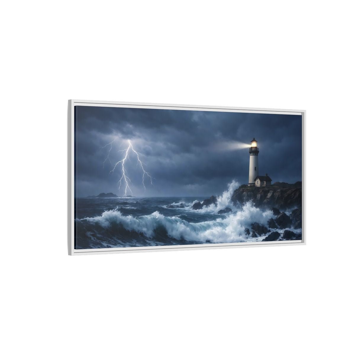 Landscape Nature Lighthouse Dark Blue Storm - Framed Canvas Wall Art Print - YesArtYes