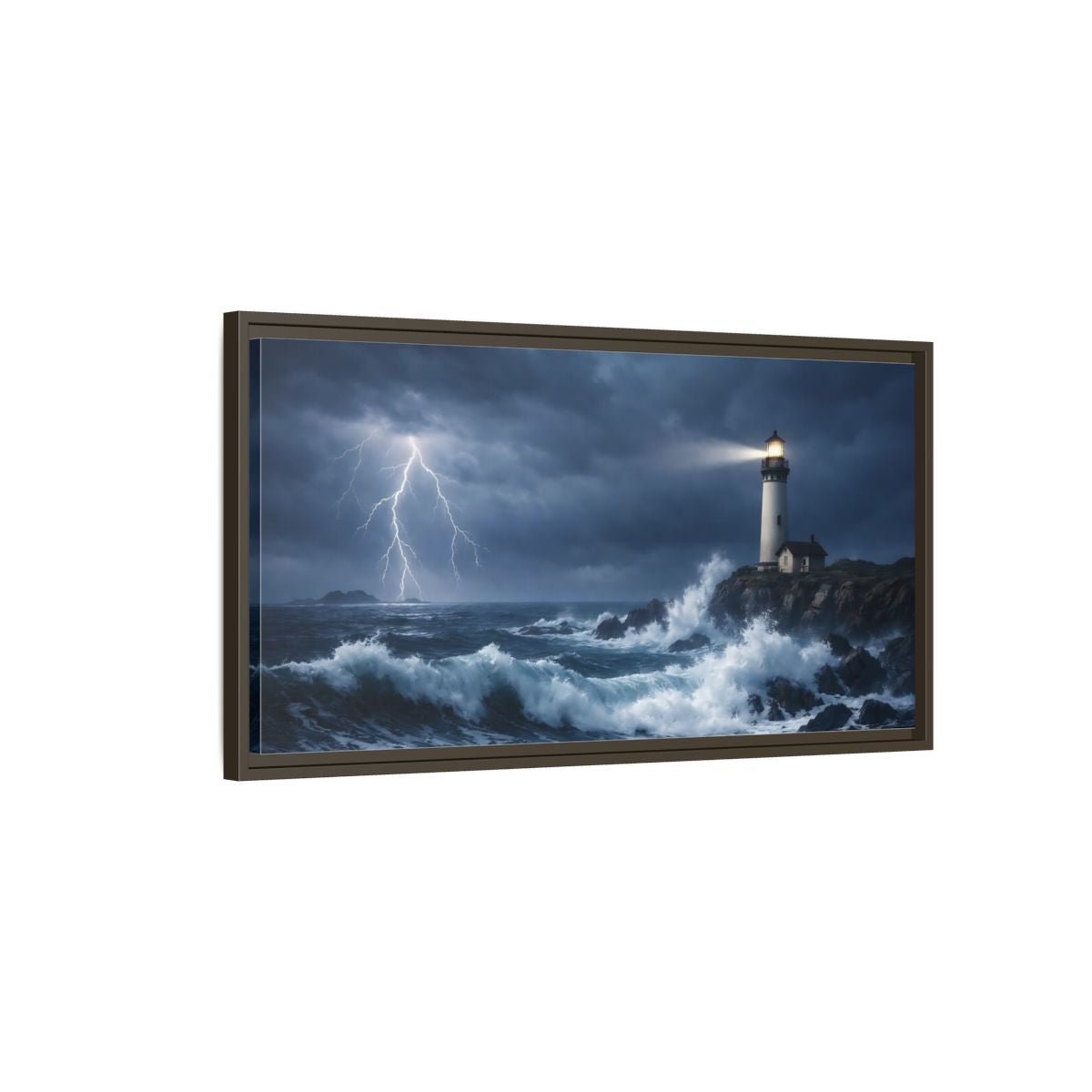 Landscape Nature Lighthouse Dark Blue Storm - Framed Canvas Wall Art Print - YesArtYes