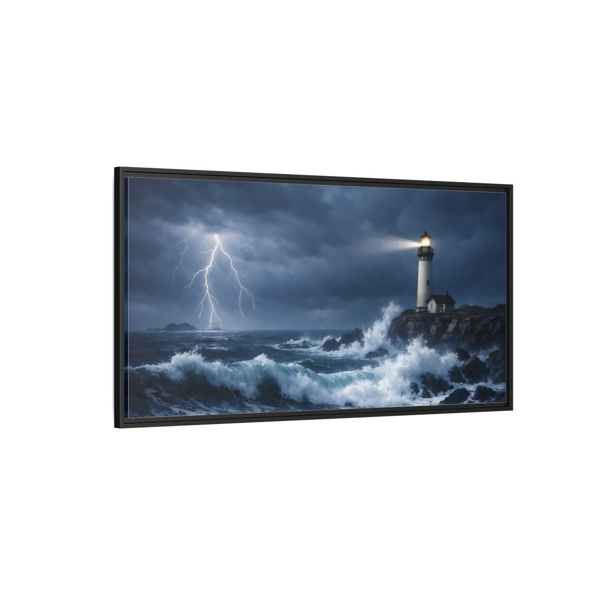 Landscape Nature Lighthouse Dark Blue Storm - Framed Canvas Wall Art Print - YesArtYes