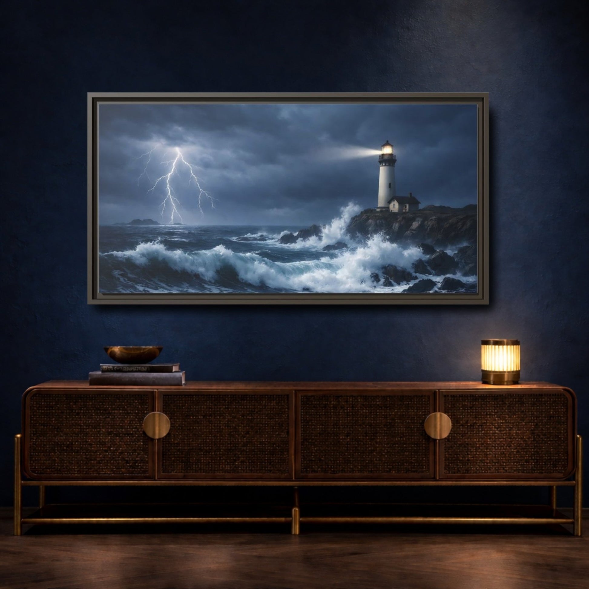 Landscape Nature Lighthouse Dark Blue Storm - Framed Canvas Wall Art Print - YesArtYes