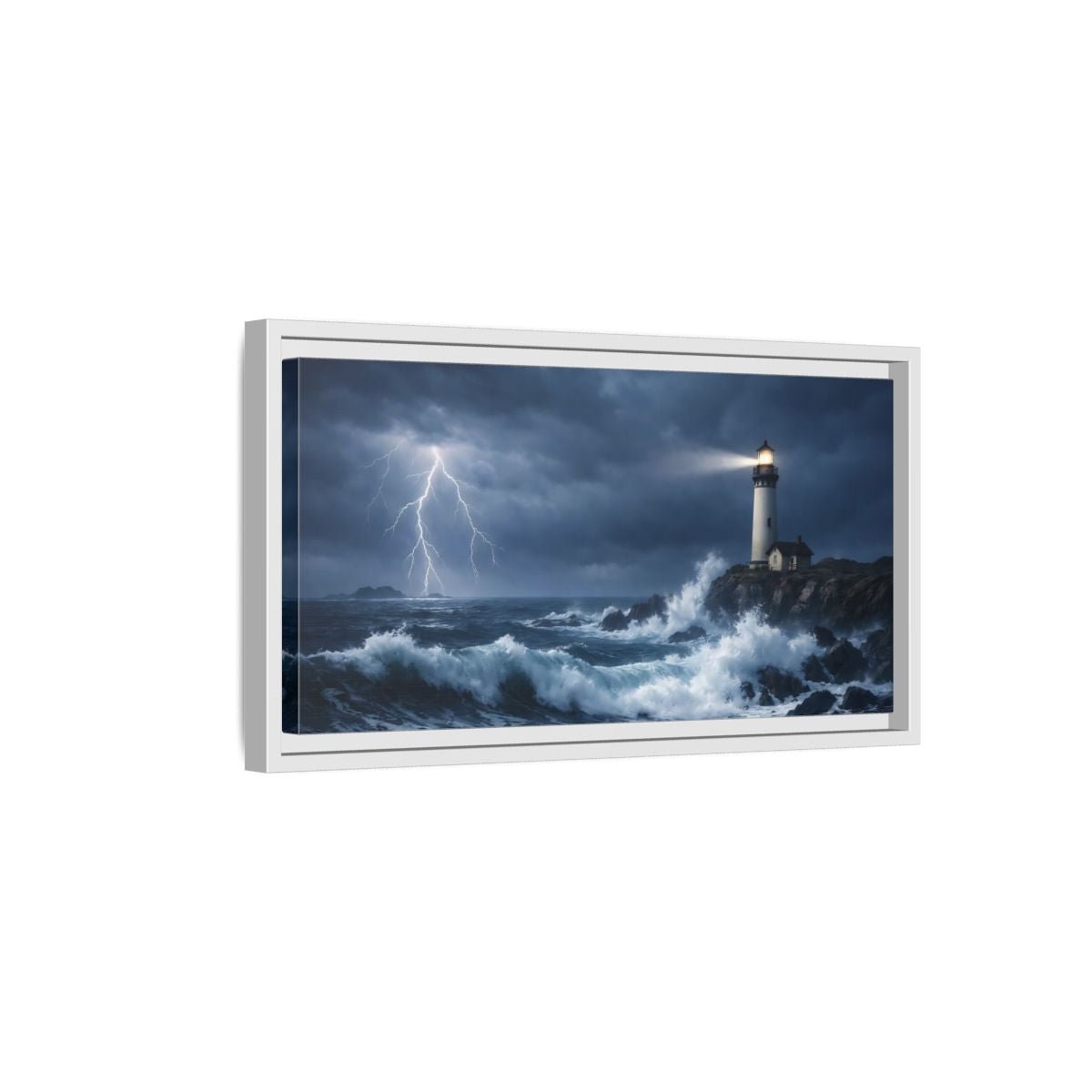 Landscape Nature Lighthouse Dark Blue Storm - Framed Canvas Wall Art Print - YesArtYes