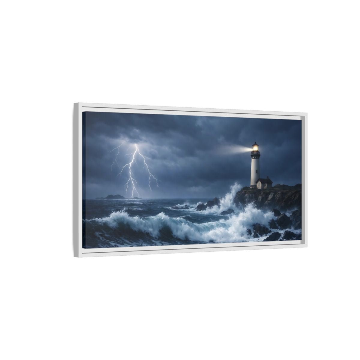 Landscape Nature Lighthouse Dark Blue Storm - Framed Canvas Wall Art Print - YesArtYes