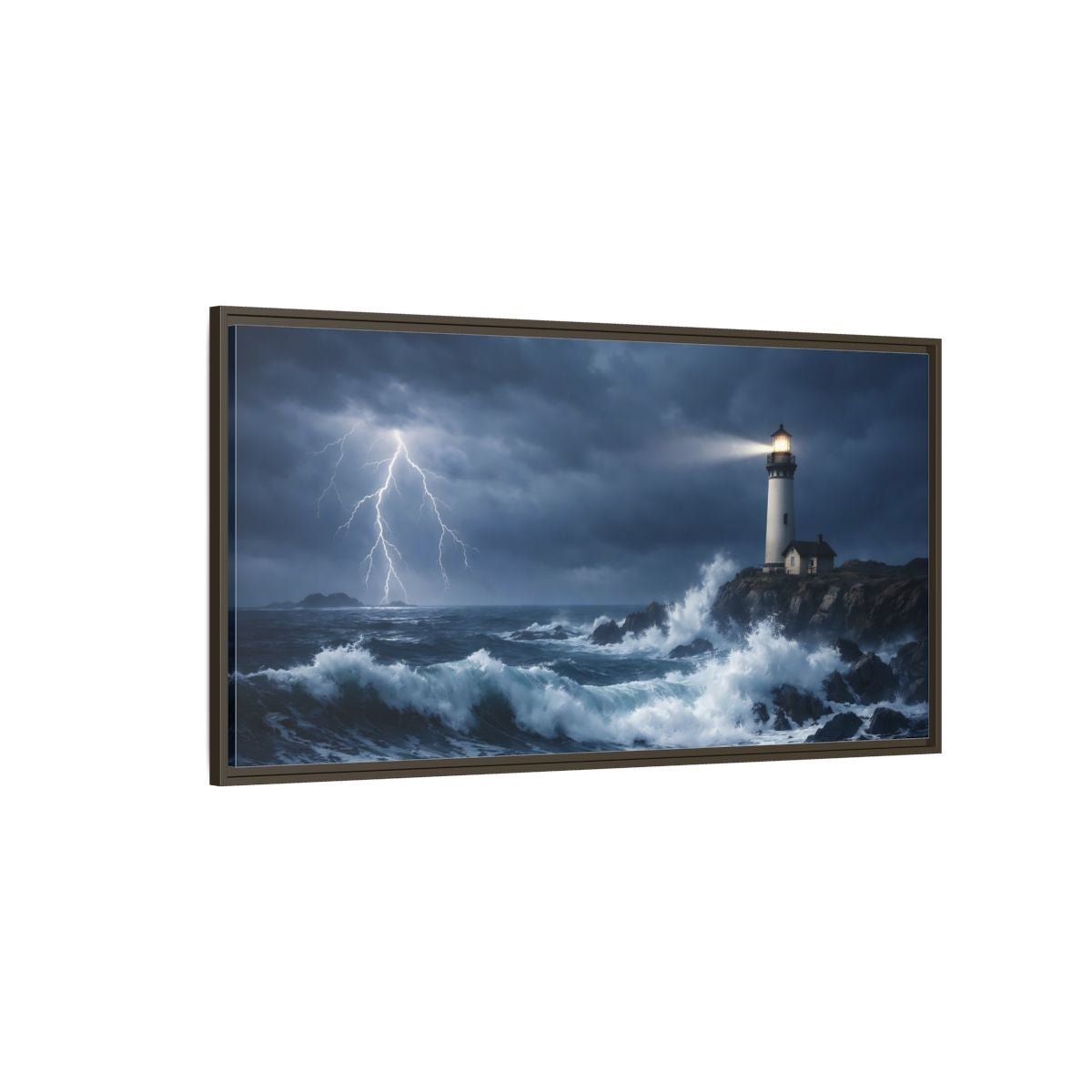 Landscape Nature Lighthouse Dark Blue Storm - Framed Canvas Wall Art Print - YesArtYes