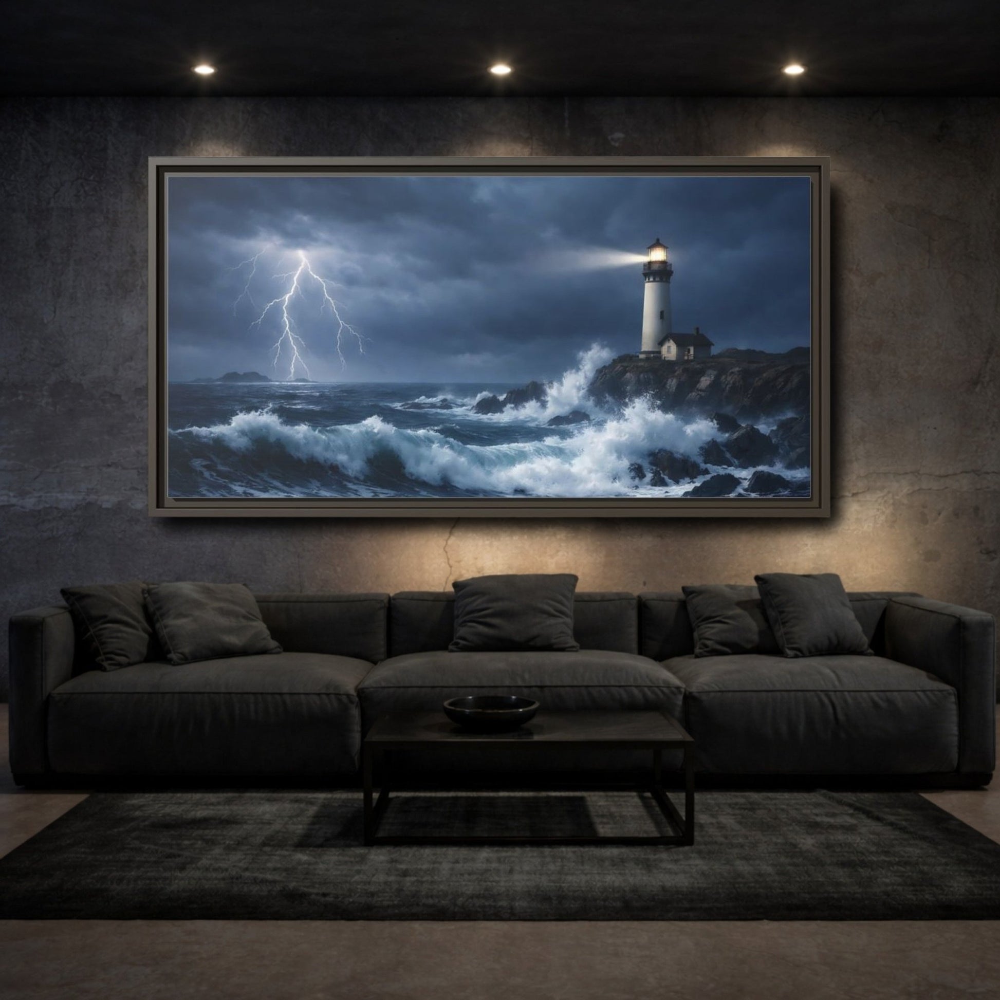 Landscape Nature Lighthouse Dark Blue Storm - Framed Canvas Wall Art Print - YesArtYes