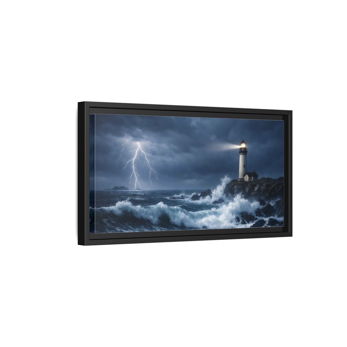 Landscape Nature Lighthouse Dark Blue Storm - Framed Canvas Wall Art Print - YesArtYes