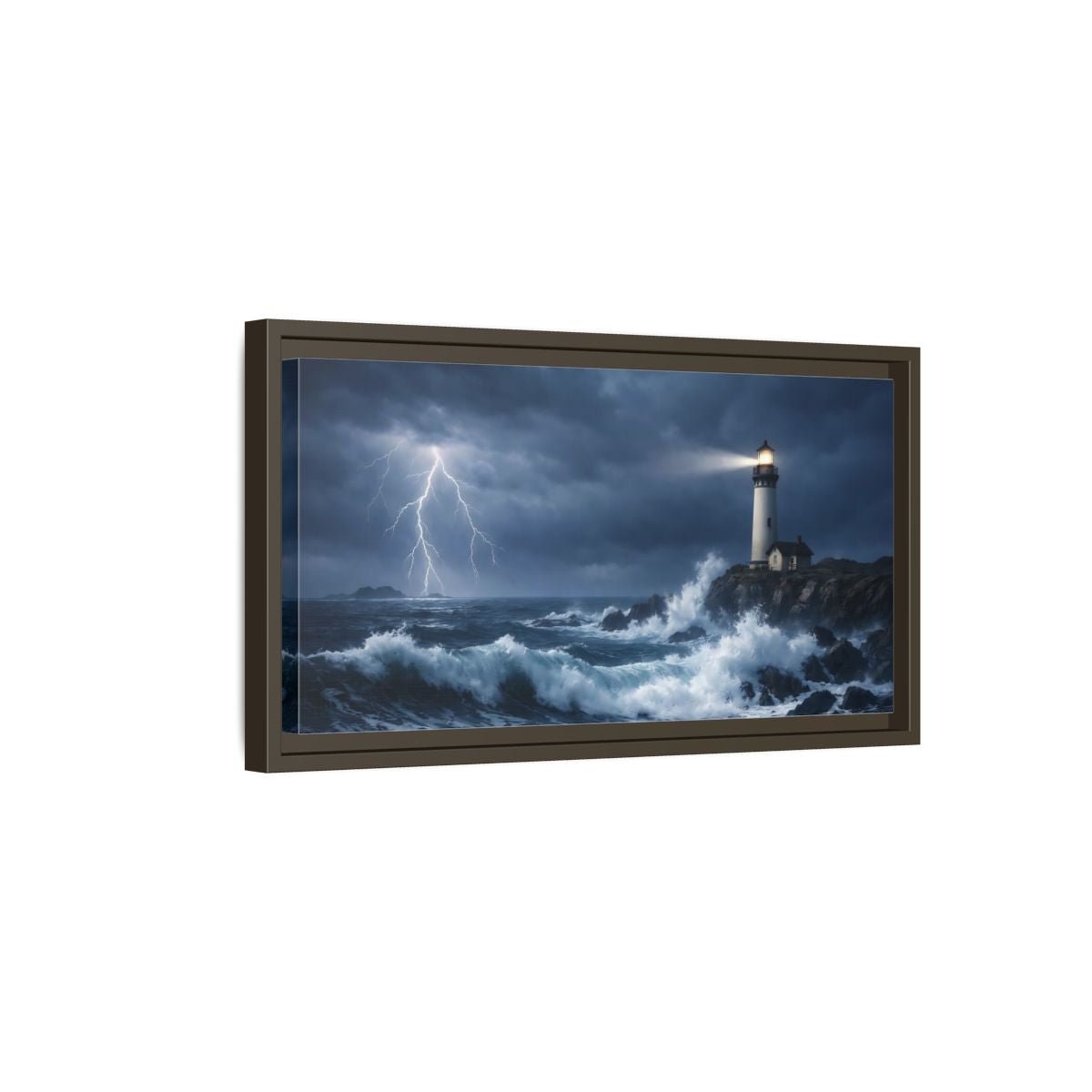 Landscape Nature Lighthouse Dark Blue Storm - Framed Canvas Wall Art Print - YesArtYes