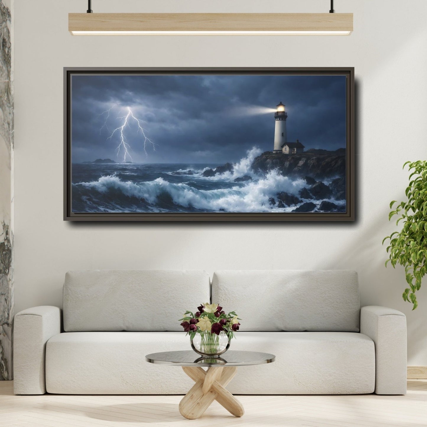 Landscape Nature Lighthouse Dark Blue Storm - Framed Canvas Wall Art Print - YesArtYes