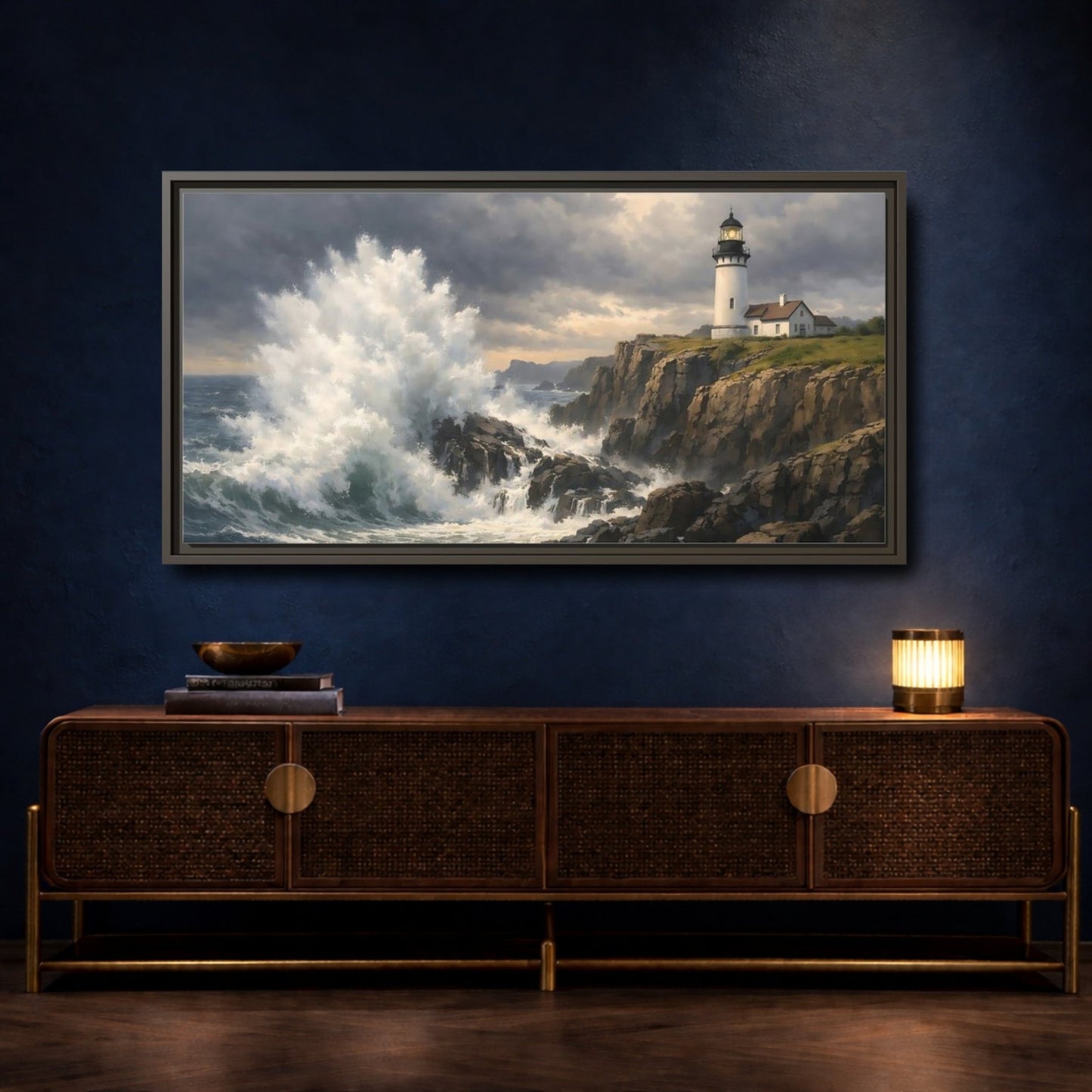Landscape Nature Lighthouse Stormy Coastal Scene - Framed Canvas Wall Art Print - YesArtYes
