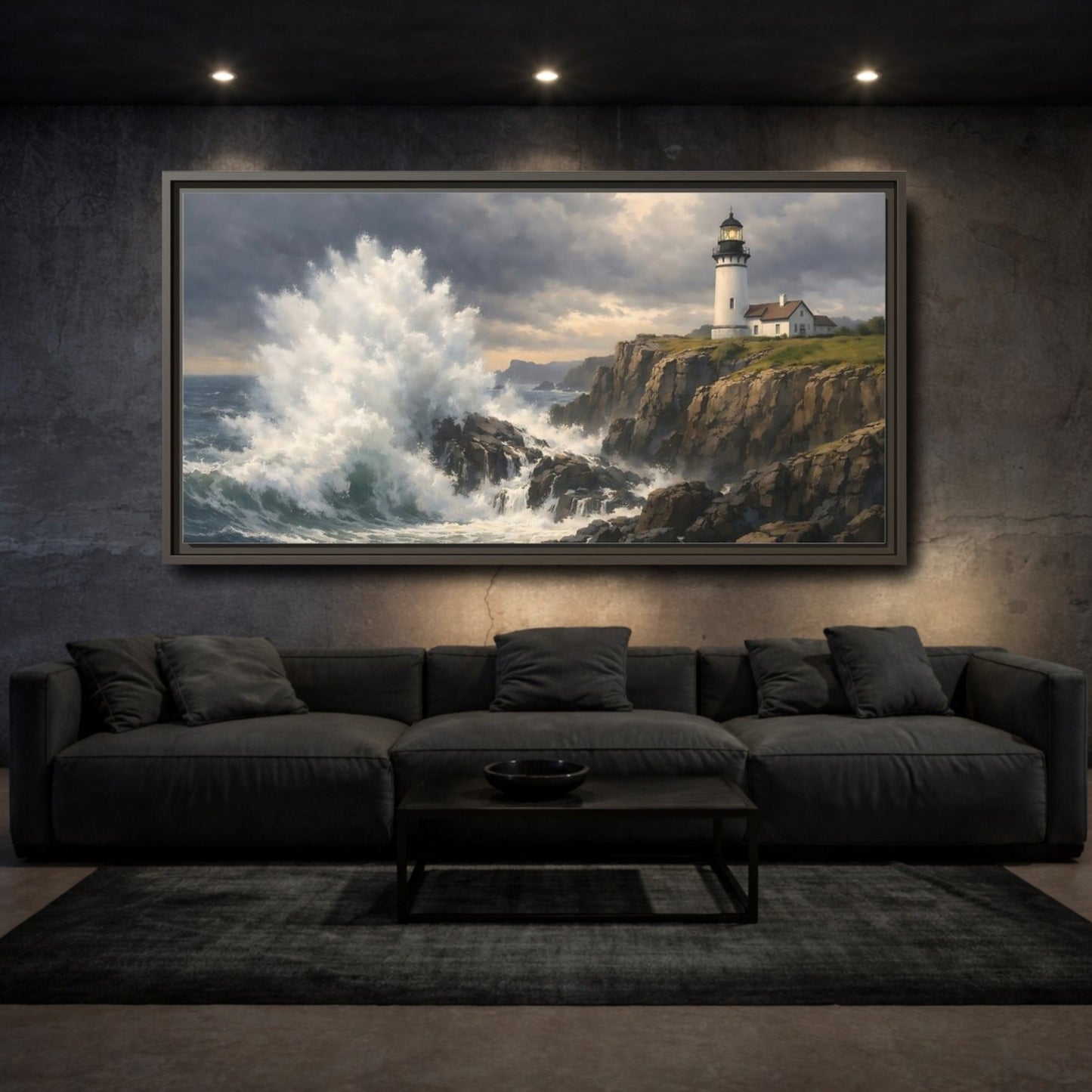 Landscape Nature Lighthouse Stormy Coastal Scene - Framed Canvas Wall Art Print - YesArtYes