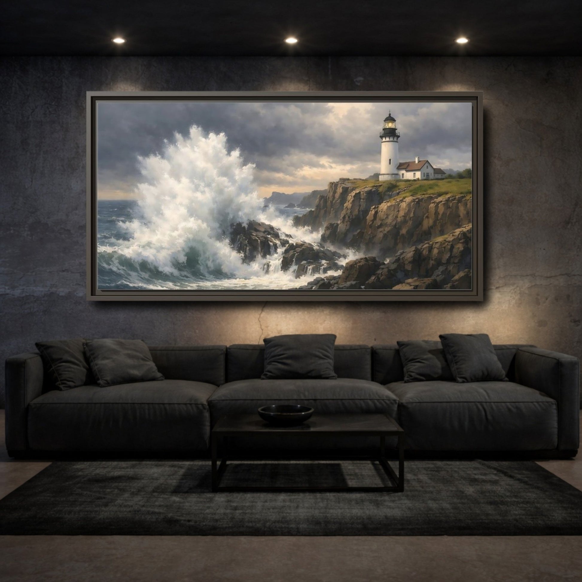 Landscape Nature Lighthouse Stormy Coastal Scene - Framed Canvas Wall Art Print - YesArtYes