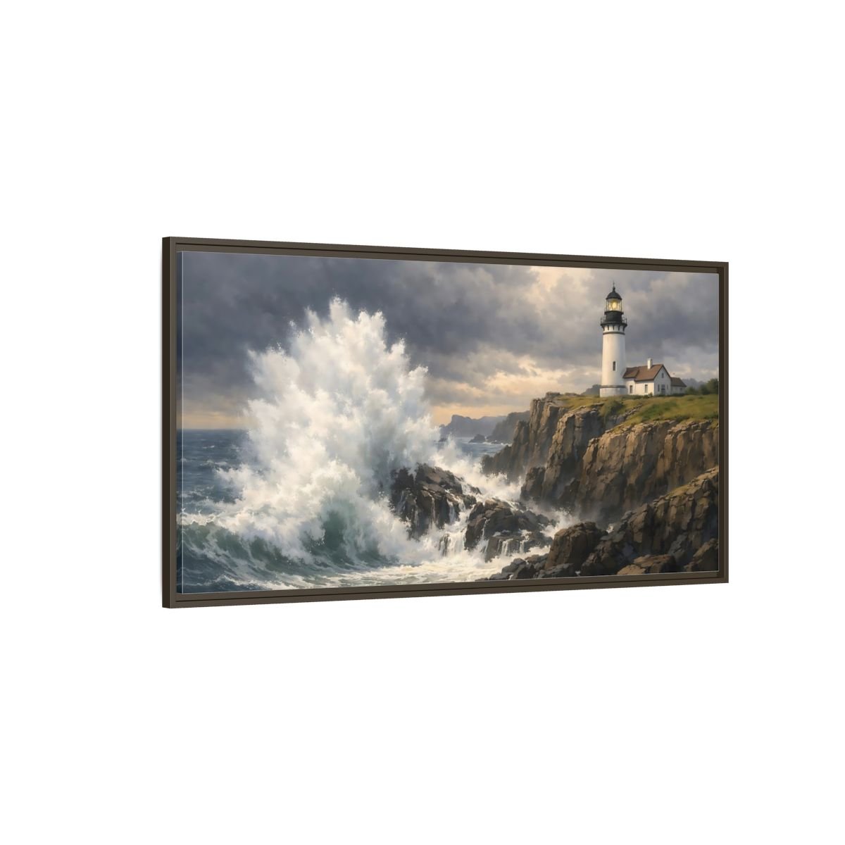 Landscape Nature Lighthouse Stormy Coastal Scene - Framed Canvas Wall Art Print - YesArtYes