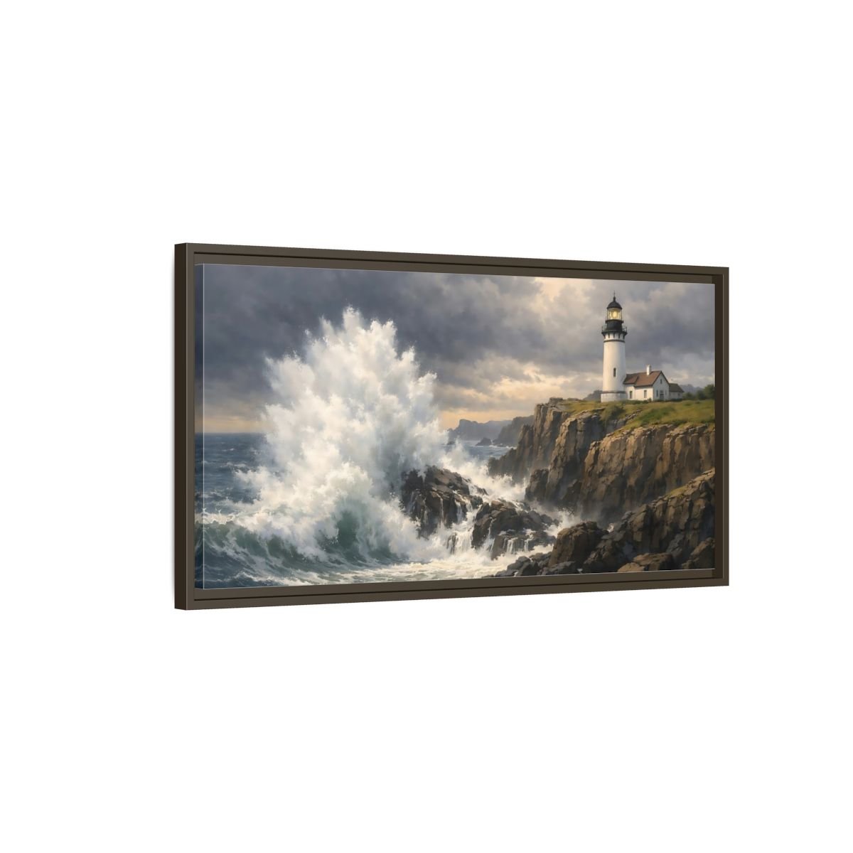 Landscape Nature Lighthouse Stormy Coastal Scene - Framed Canvas Wall Art Print - YesArtYes