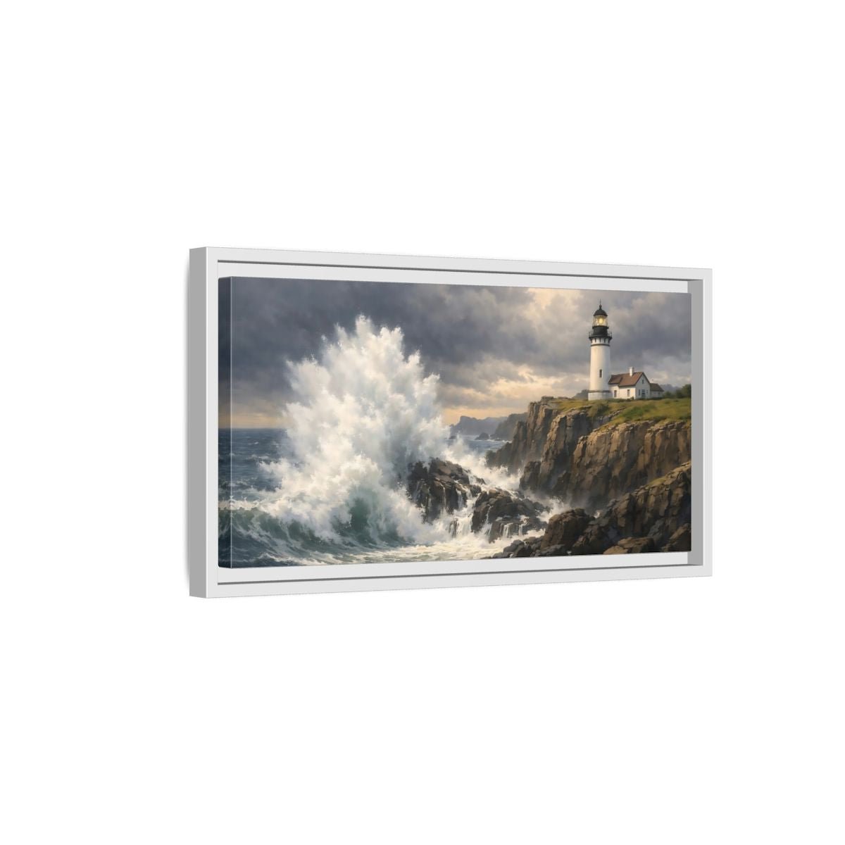 Landscape Nature Lighthouse Stormy Coastal Scene - Framed Canvas Wall Art Print - YesArtYes