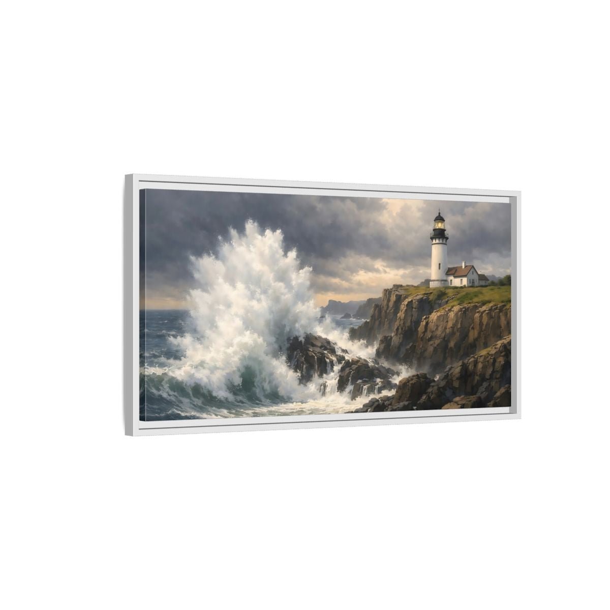 Landscape Nature Lighthouse Stormy Coastal Scene - Framed Canvas Wall Art Print - YesArtYes