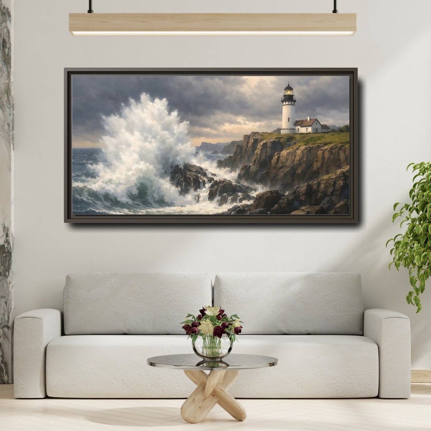 Landscape Nature Lighthouse Stormy Coastal Scene - Framed Canvas Wall Art Print - YesArtYes