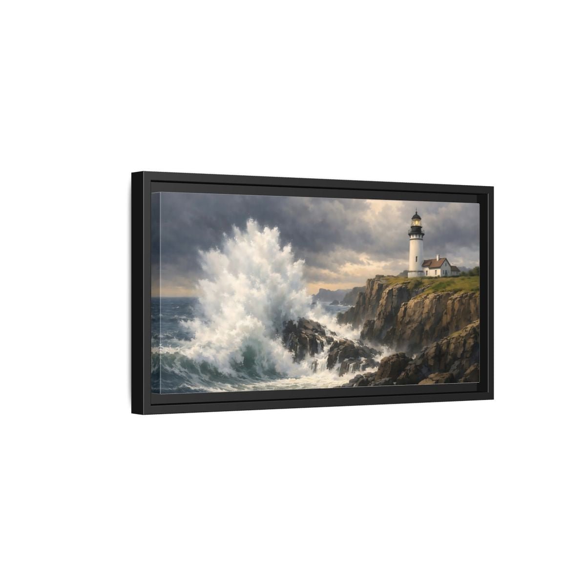 Landscape Nature Lighthouse Stormy Coastal Scene - Framed Canvas Wall Art Print - YesArtYes