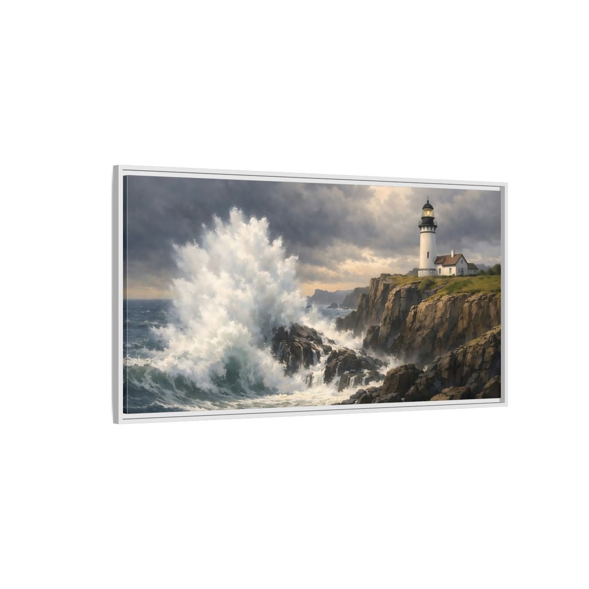 Landscape Nature Lighthouse Stormy Coastal Scene - Framed Canvas Wall Art Print - YesArtYes