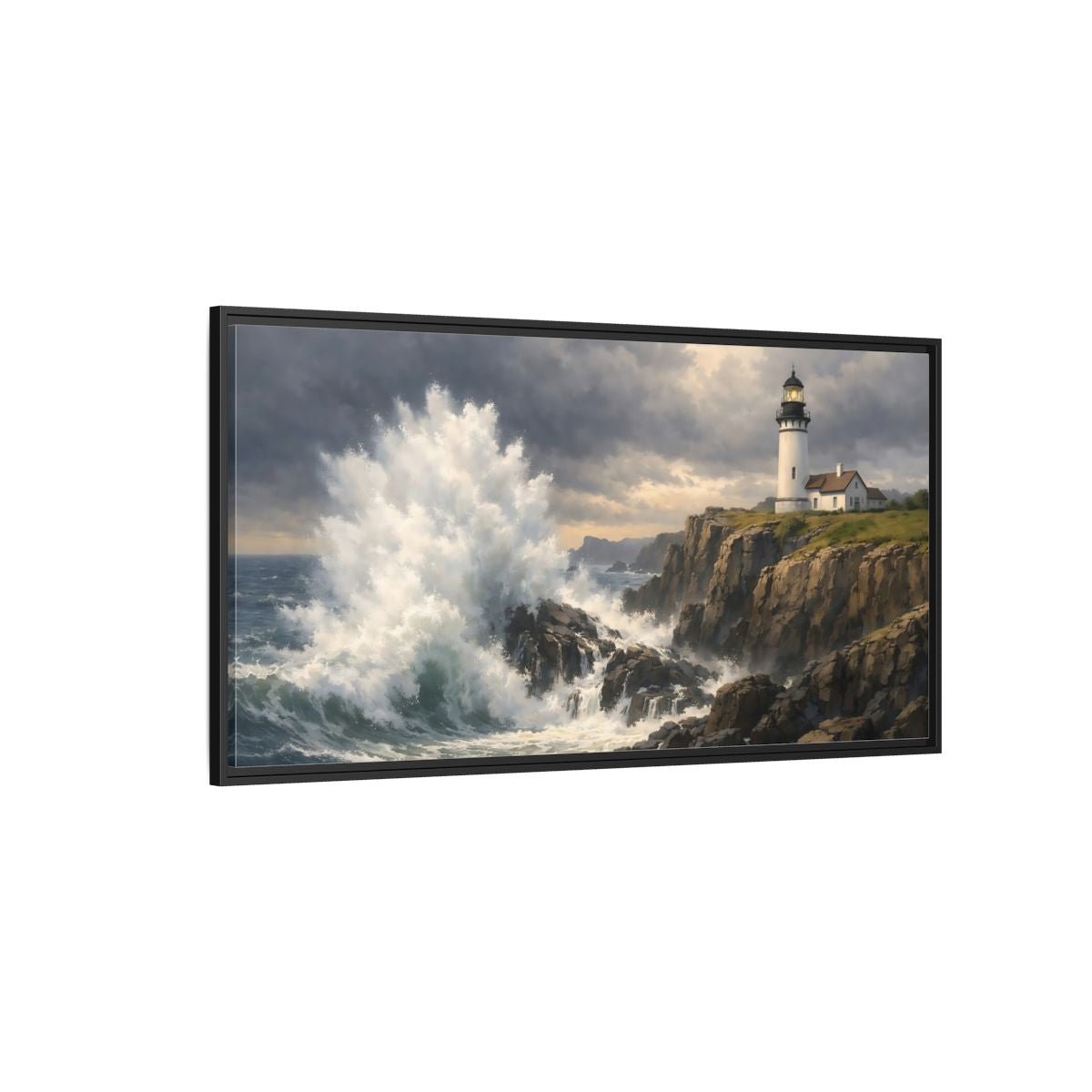 Landscape Nature Lighthouse Stormy Coastal Scene - Framed Canvas Wall Art Print - YesArtYes