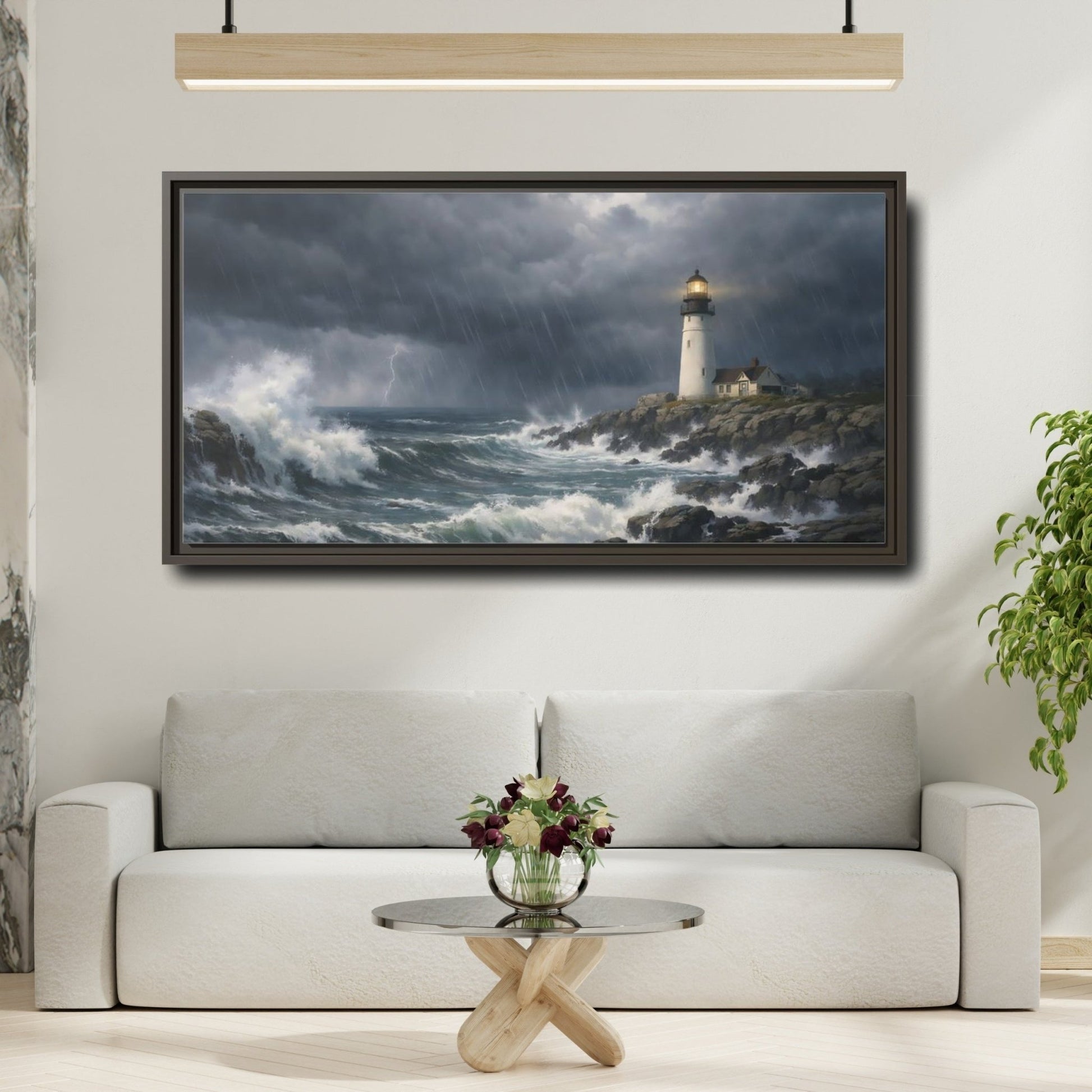 Landscape Nature Lighthouse Stormy Seascape - Framed Canvas Wall Art Print - YesArtYes