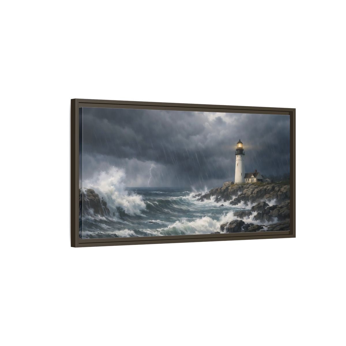 Landscape Nature Lighthouse Stormy Seascape - Framed Canvas Wall Art Print - YesArtYes