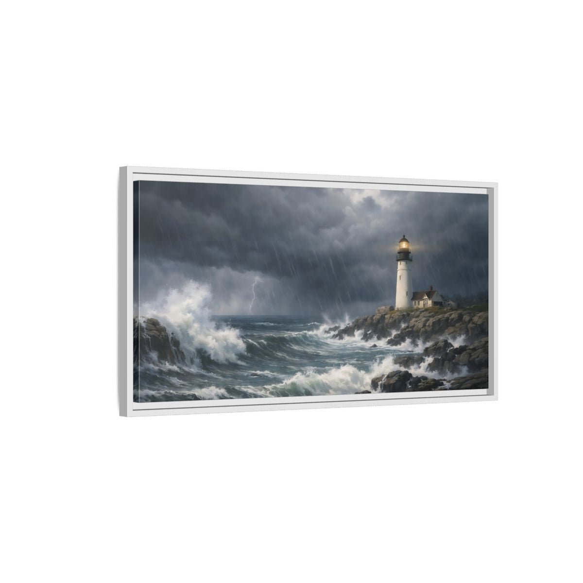 Landscape Nature Lighthouse Stormy Seascape - Framed Canvas Wall Art Print - YesArtYes