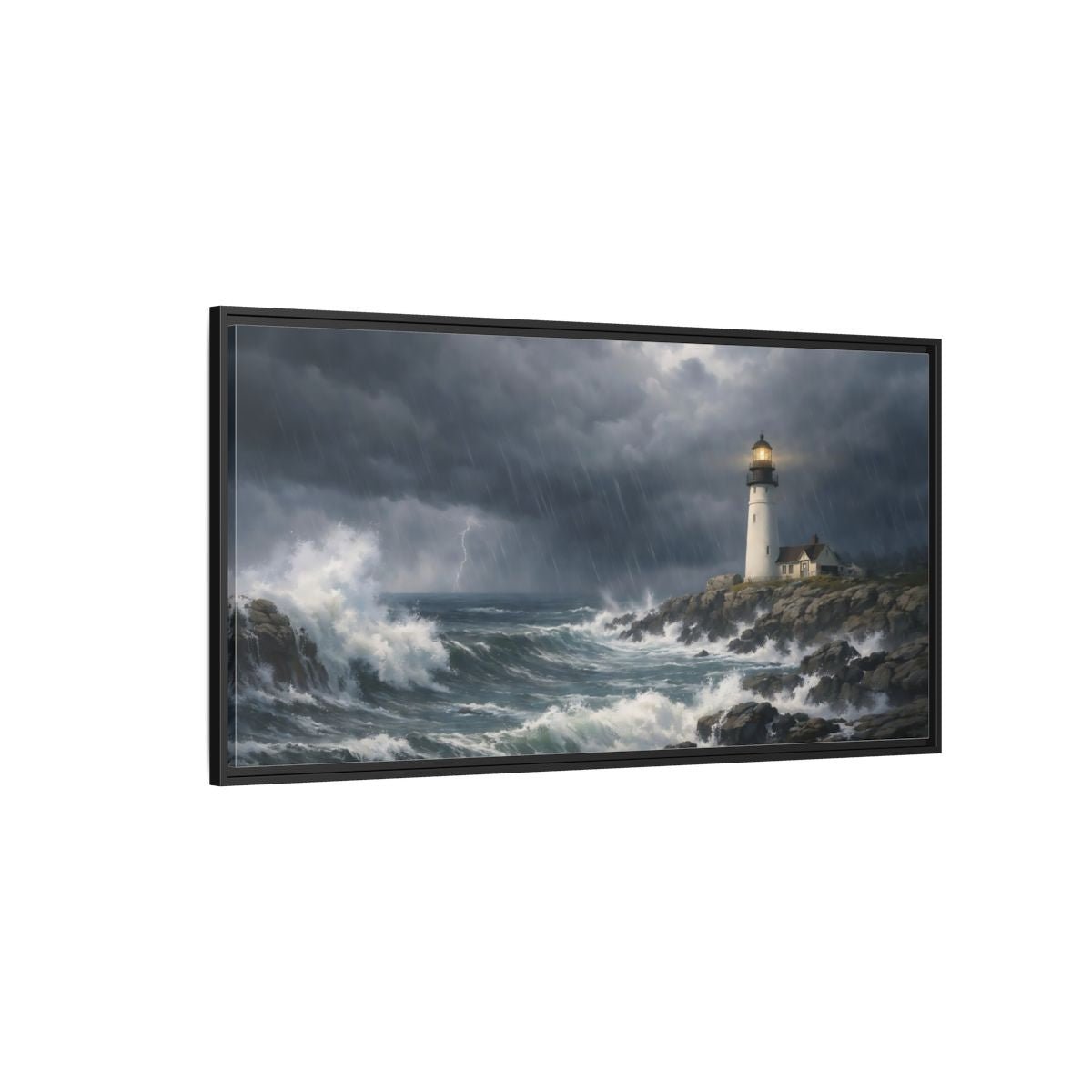 Landscape Nature Lighthouse Stormy Seascape - Framed Canvas Wall Art Print - YesArtYes