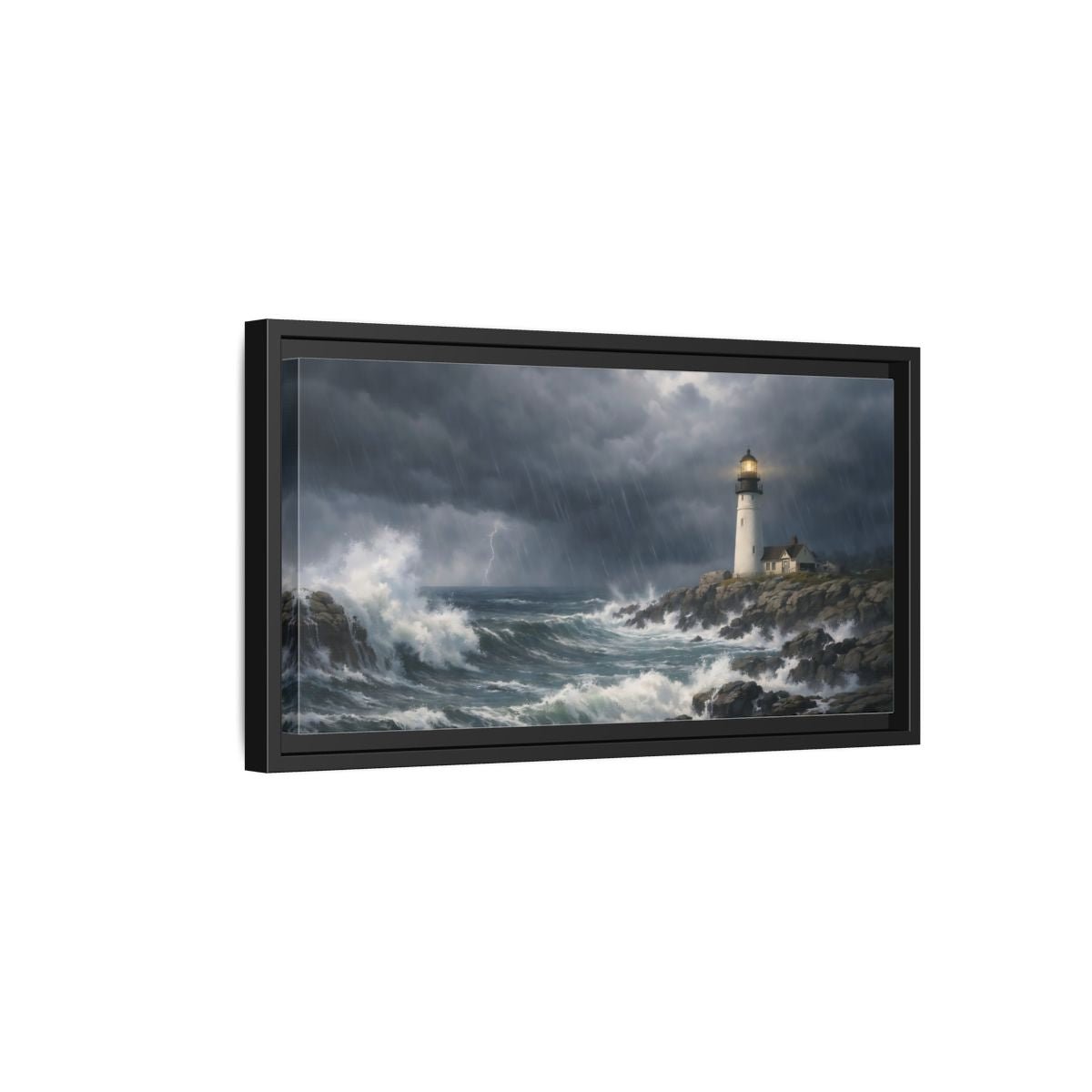 Landscape Nature Lighthouse Stormy Seascape - Framed Canvas Wall Art Print - YesArtYes