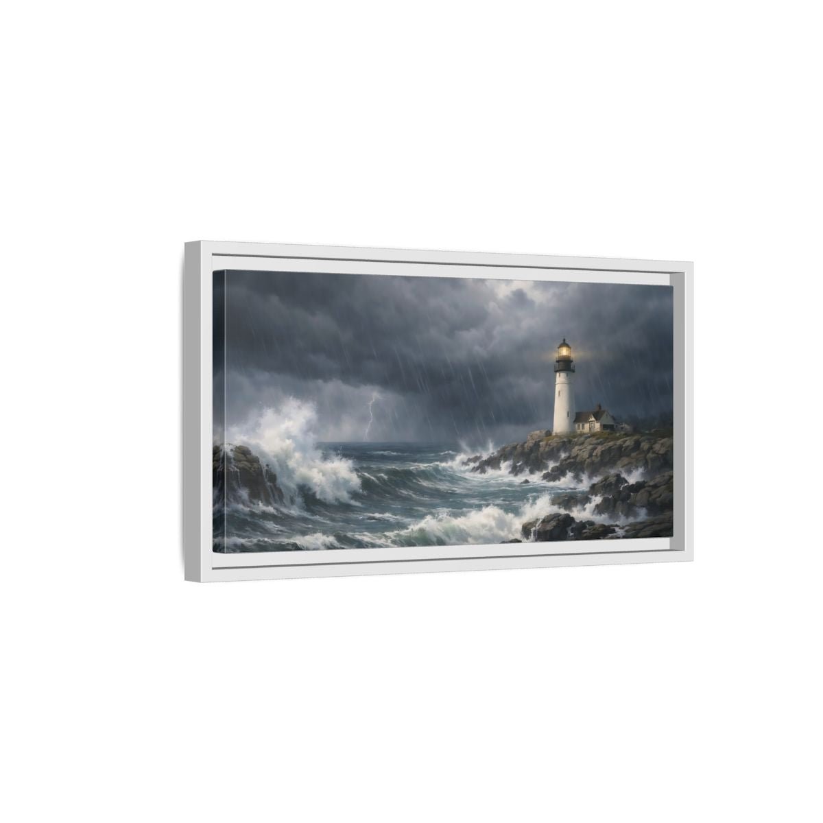 Landscape Nature Lighthouse Stormy Seascape - Framed Canvas Wall Art Print - YesArtYes