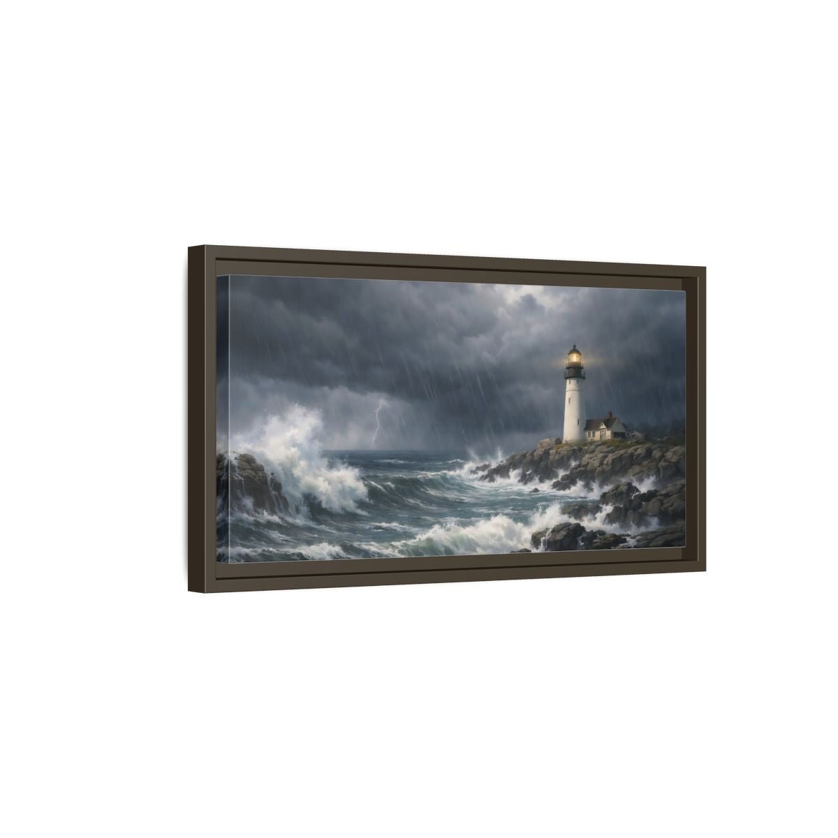 Landscape Nature Lighthouse Stormy Seascape - Framed Canvas Wall Art Print - YesArtYes