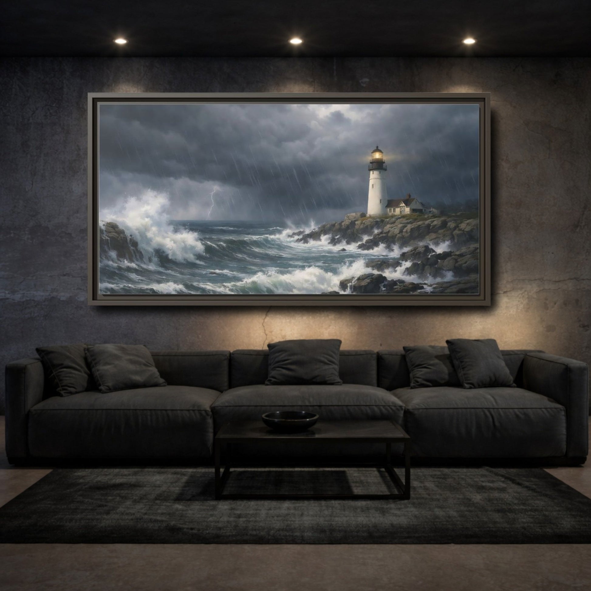Landscape Nature Lighthouse Stormy Seascape - Framed Canvas Wall Art Print - YesArtYes