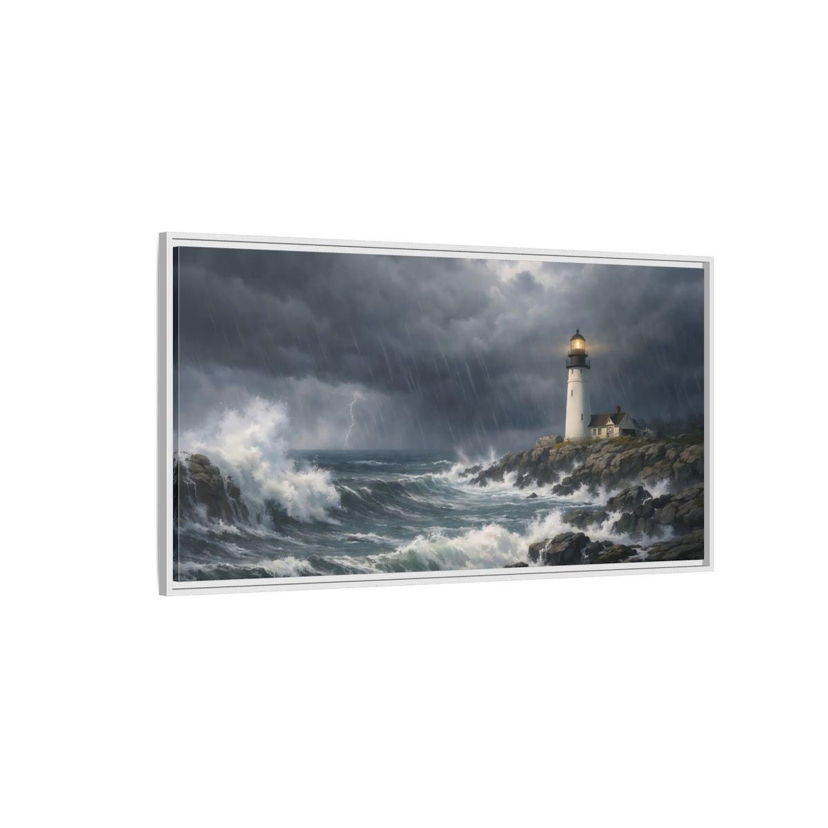 Landscape Nature Lighthouse Stormy Seascape - Framed Canvas Wall Art Print - YesArtYes