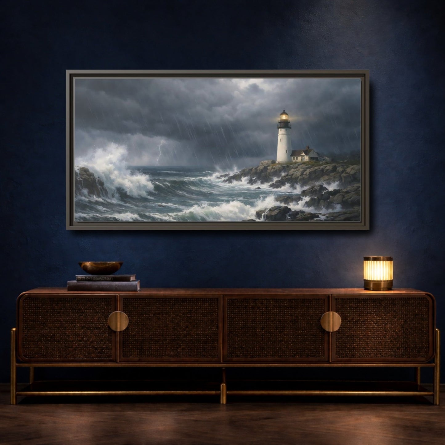 Landscape Nature Lighthouse Stormy Seascape - Framed Canvas Wall Art Print - YesArtYes